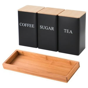 Wakeshome - Set De 3 Recipientes De Cocina Hierro Con Tapa Y Bandeja De Bambu Para Café Té Y Azúcar