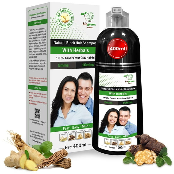 Champú BIOGREEN ROOTS, tinte natural para cabello negro, 400 ml