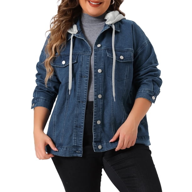 Agnes Orinda Conjuntos de Halloween Chaqueta de Mezclilla para Mujer de Talla Grande con Capucha Desmontable con Cordón y Bolsillos 1X Azul