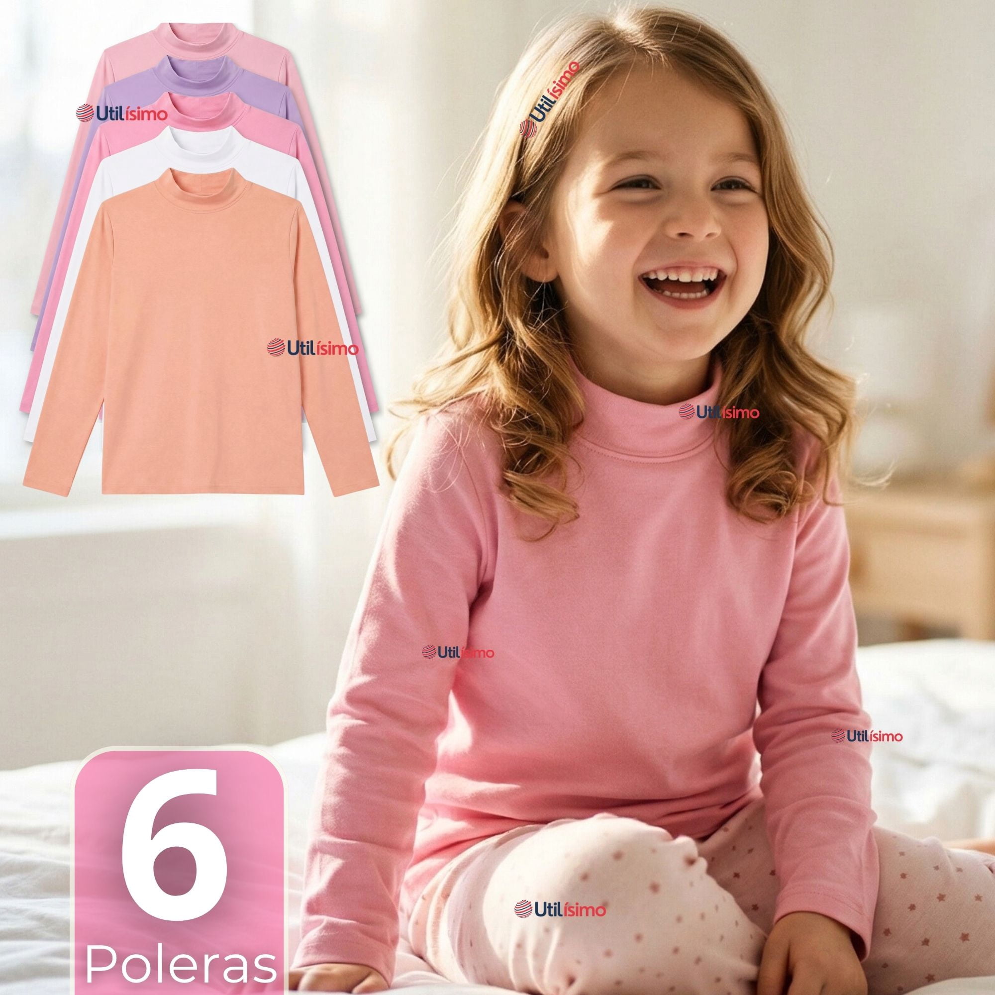 Utilisimo - Pack 6 Poleras Camisetas Básica Bambú Cuello Beatle Primera Capa Manga Larga Colores Surtido Niña