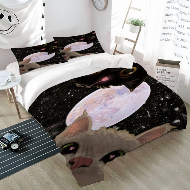 3pcs Cat Dream Space Wallpaper Patterned Printed Bedding Set: Soft & Light Beige-Friendly Polyester Fabric Digital Printing