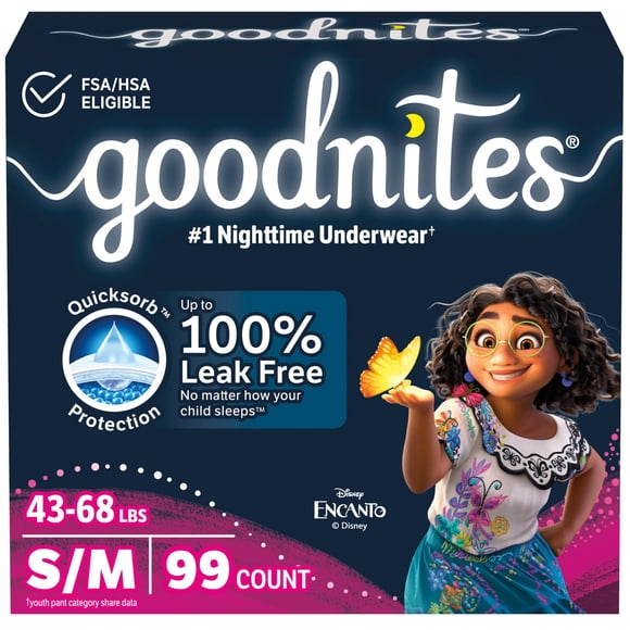 Ropa interior para orinar la cama GoodNites para niñas, S/M, 43-68 libras, 99 unidades, paquete de 3