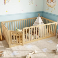 M&Ms - Twin Size Bed Floor Bed With Safety Guardrails And Door For Kids, Natural