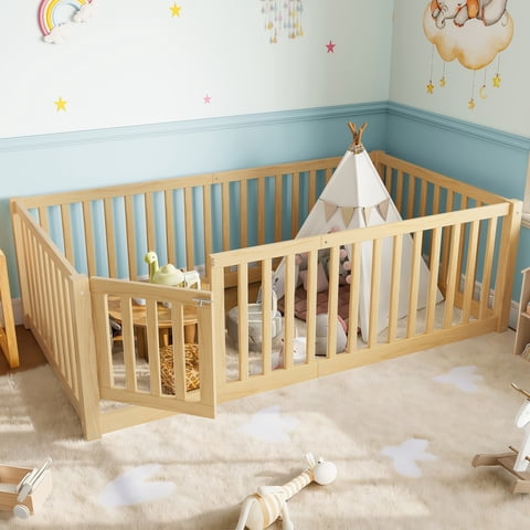 M&Ms - Twin Size Bed Floor Bed With Safety Guardrails And Door For Kids, Natural