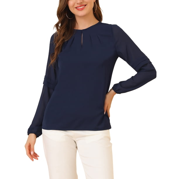 INSPIRE CHIC Blusa de Chifón para Mujer de Regreso a Clases Cuello de Ojal Manga de Patchwork Elegante Top de Trabajo M Azul Oscuro