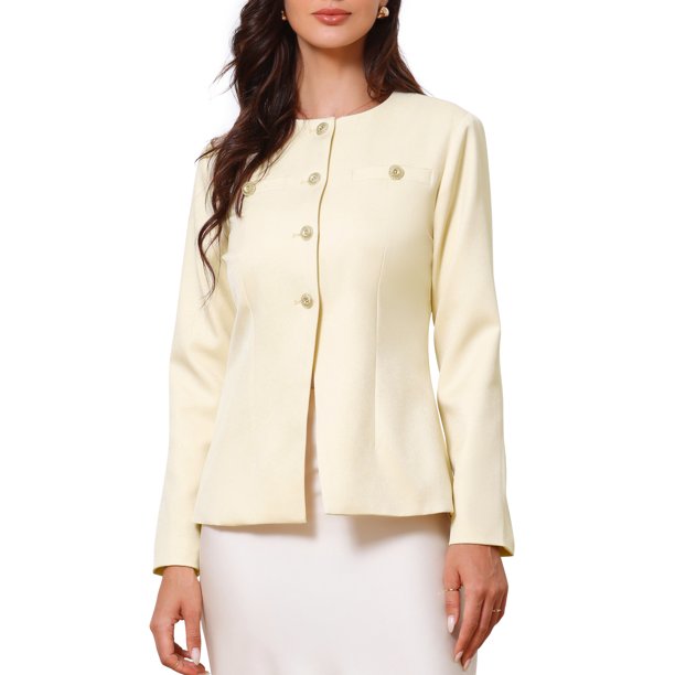 INSPIRE CHIC Elegante Blazer de Trabajo para Mujeres sin Cuello con Botones y Mangas Largas Chaquetas Peplum XS Beige