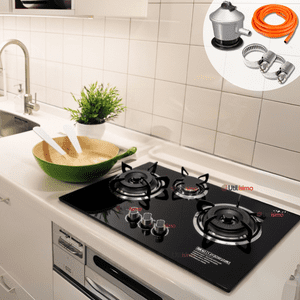 Line - Cocina Encimera A Gas Licuado 3 Platos Vidrio Templado+Kit De Instalación Cocinilla Negro