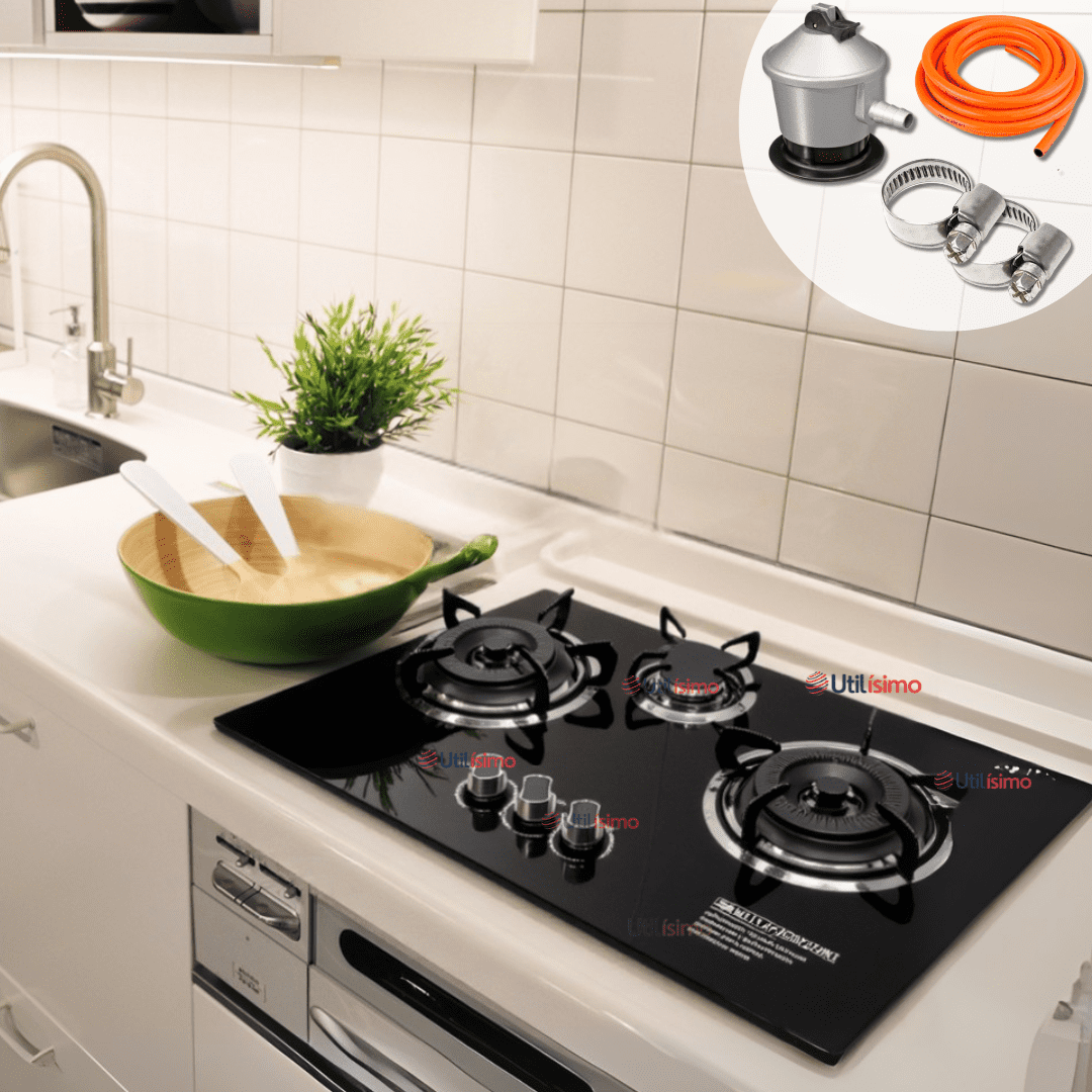 Line - Cocina Encimera A Gas Licuado 3 Platos Vidrio Templado+kit De Instalación Cocinilla Negro
