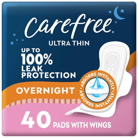 Almohadillas Sanitarias Carefree Ultra Thin Overnight Con Alas De 40 Unidades