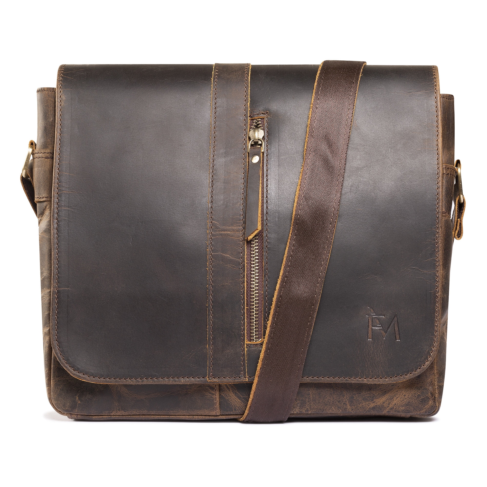 Bolso Bandolera De Cuero Grueso Natural, Café Oscuro. Franz Mossi