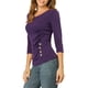 thumbnail image 4 of INSPIRE CHIC Blusa Fruncida para Mujer de Regreso a Clases con Botones Decorativos Cuello en V Manga 3/4 Top de Punto Sólido Púrpura M, 4 of 7