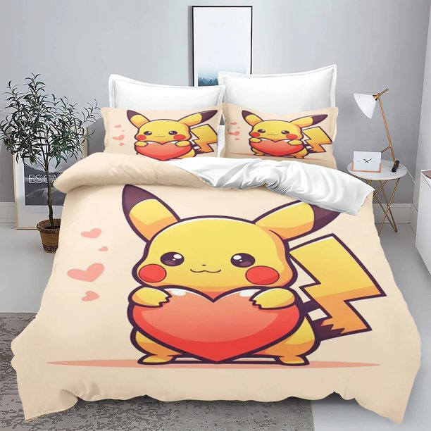 v2072 Bed Sheets Kawaii Cartoon Anime Pikachu Bedding Sets for Children,Duvet Cover Sets,Pikachu Quilt Cover Pillowcase,Children Present Gift 3-Piece Bedding Set (1 Duvet Cover + 2 Pillow Shams) Bed S