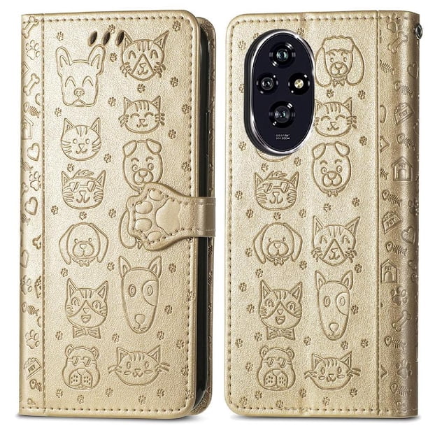Funda Cartera FOXDOCK para Honor 200 , Flip PU con Relieve de Gatos y Perros, Tarjetero y Soporte