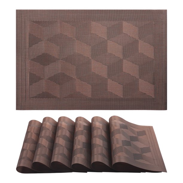 Juego de 6 Manteles Individuales de Plástico para Decoración de Mesa de Comedor Lavables con Patrón Cuadrangular Café 17.7*11.8 pulgadas