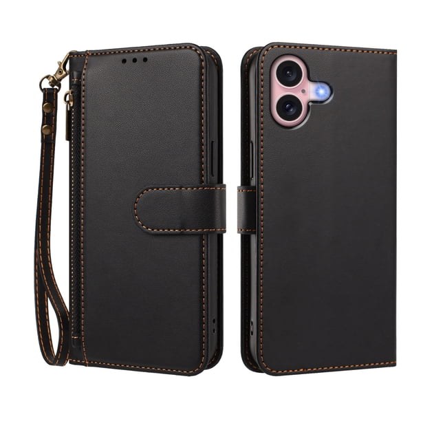 Funda Tipo Billetera para iphone16 con Soporte y Bolsillo con Cierre Negro