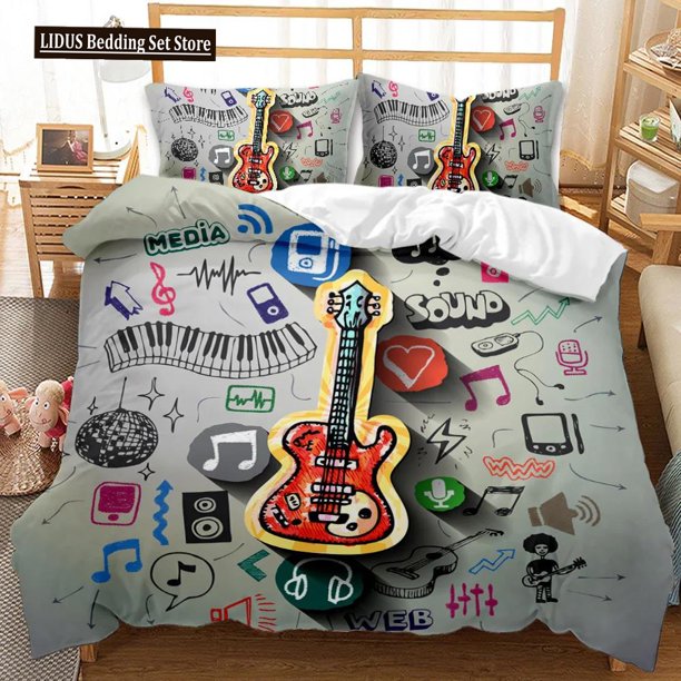 v966 Bed Sheets Guitar Duvet Cover Set Twin Rock Music Comforter Cover Set Hip Hop Hippie Quilt Cover Blue Guitar Polyester Bedding Set For Teen 3-Piece Bedding Set (1 Duvet Cover + 2 Pillow Shams) Be