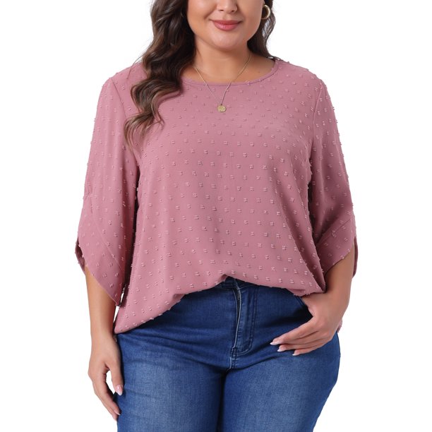 Agnes Orinda Blusa Casual de Verano para Mujer Talla Grande con Topos Suizos, Mangas de Pétalo, Dobladillo Curvado y Cuello Redondo 1X Rosa Oscuro