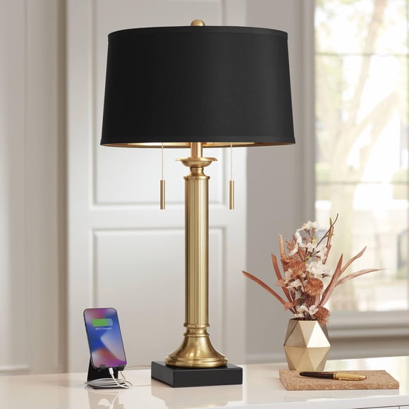 Lámpara de mesa Possini Euro 76 cm negra con puertos USB
