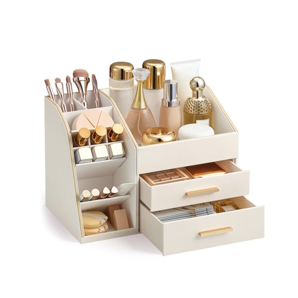 Organizador Lolalet de 3 niveles en cuero PU color crema para cosméticos