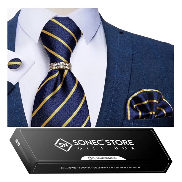 Corbata Hombre Seda En Caja + Anillo Dorado, Paño Y Colleras azul Talla Única