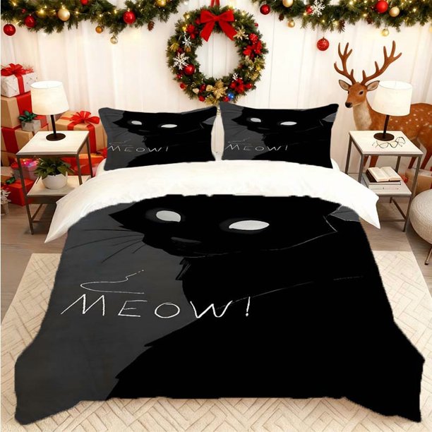 Black Cat MEOW Printed Duvet Cover Set Soft Duvet Cover + Two Pillowcases Skin-Friendly and Breathable Suitable for Home Bedroom/Guest Room All-Season Use Ideal