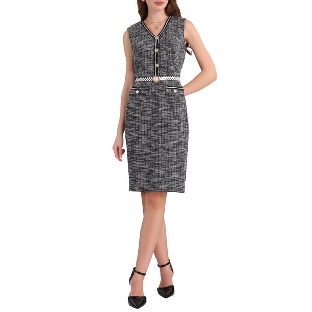 INSPIRE CHIC Vestido sin mangas de tweed para mujer 2025 Verano Oficina Trabajo Cuello en V Vestidos ajustados tipo lápiz 2XL Negro