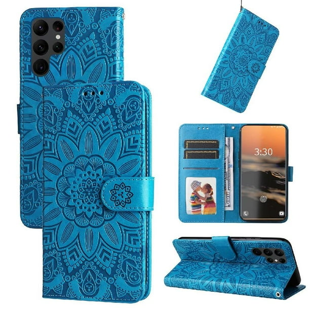 Funda tipo cartera FOXDOCK para Samsung Galaxy S23 Ultra , diseño girasol en relieve, cuero PU, cierre magnético, soporte y tarjetero