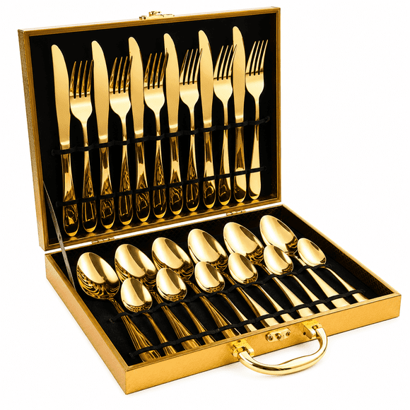 Juego de Cubiertos Dorados Luxe 24 Piezas con Maletín Premium para 6 Personas
