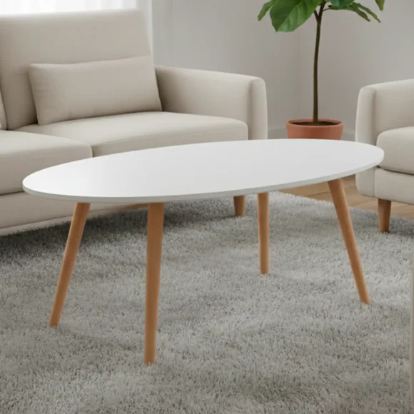 Mesa de Centro Ovalada Blanca con Patas de Madera 100x50cm