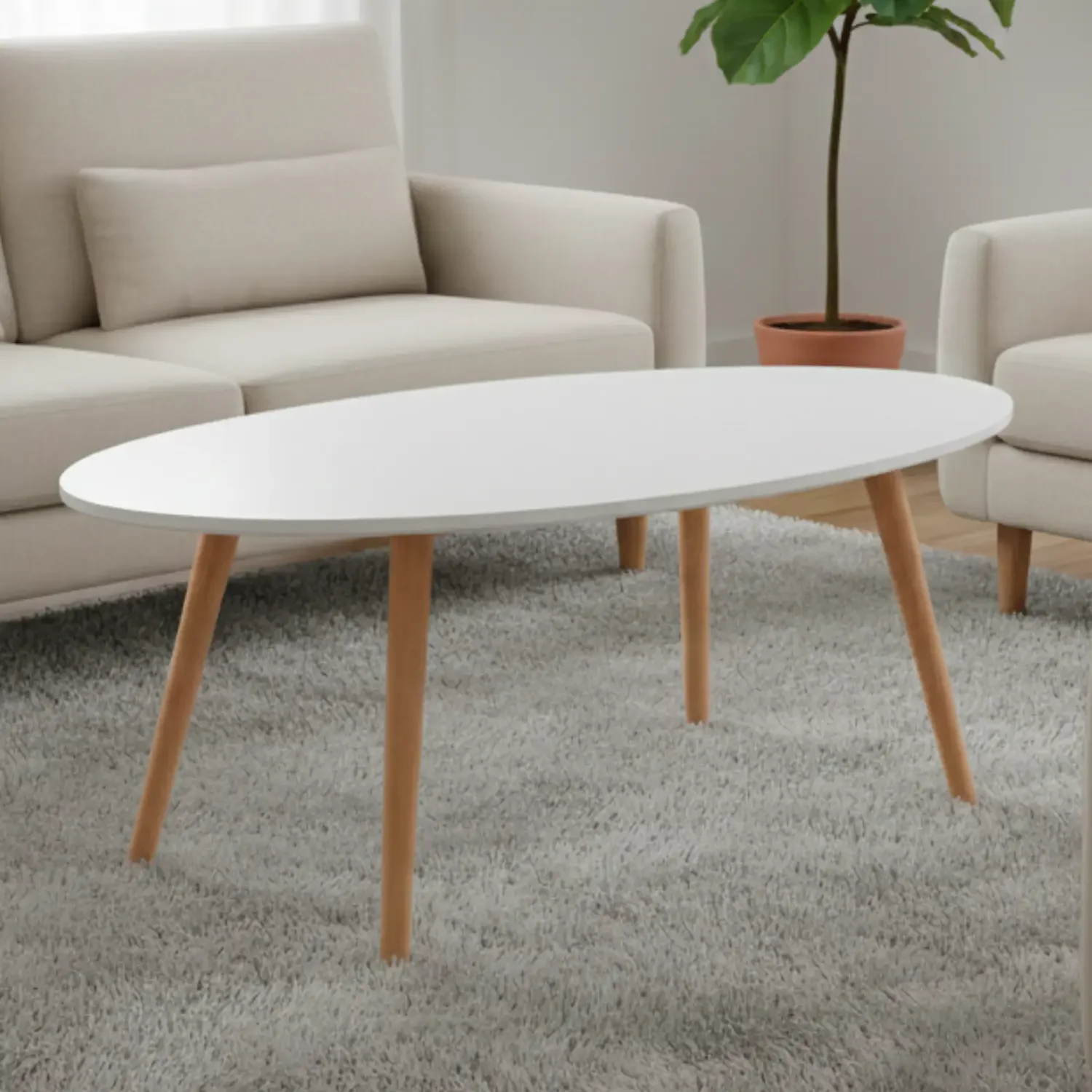 Genérico - Mesa De Centro Ovalada Blanca Con Patas De Madera 100x50cm