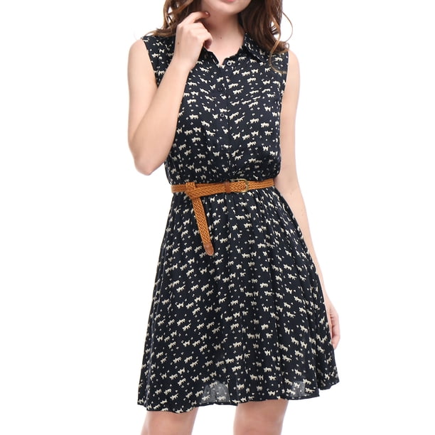 Vestido de primavera sin mangas con media tapeta y cinturón a la rodilla con estampado floral para mujeres de INSPIRE CHIC M Azul oscuro-gato