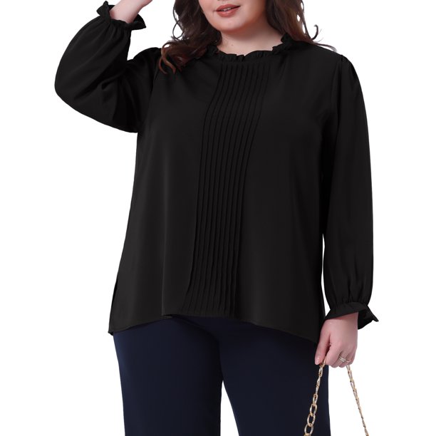 Agnes Orinda Conjuntos de Halloween Blusas de Talla Grande para Mujer con Pliegues, Manga Larga, Cuello Redondo, Puños Elásticos, Blusa Elegante de Oficina 4X Negro