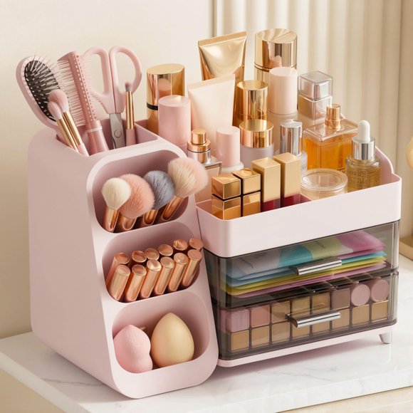 CADDY Asdbko Organizador de Maquillaje Rosa con Soporte para Brochas
