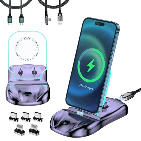 Genérico - Estación De Carga Magnética 3 En 1 100W Cargador Rápido Con Usb-C Y Cable Para Iphone 15/14/13, Soporte De Teléfono, Almohadilla De Carga Inalámbrica.-Morado