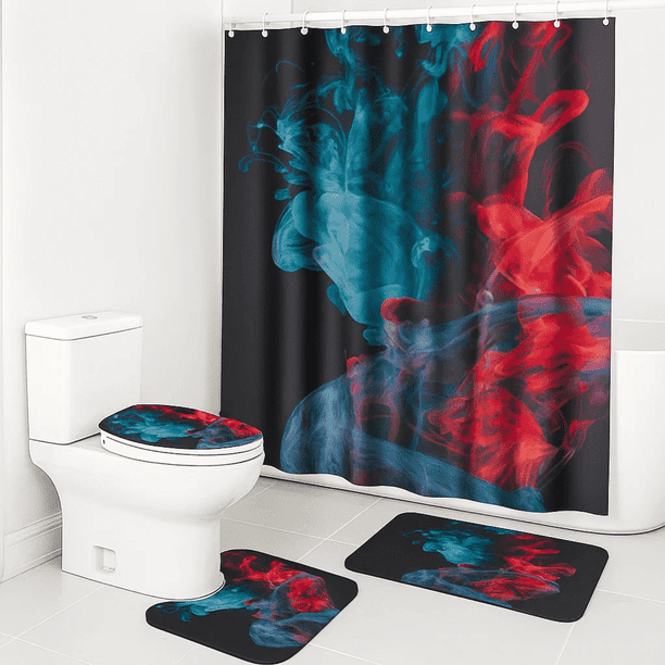 Set Juego De Baño Con Cortina Cubre Inodoro 4 Piezas