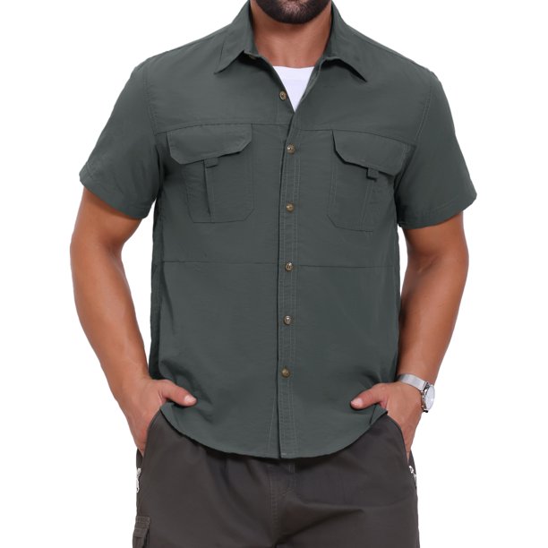 INSPIRE CHIC Camisa Cargo Sólida para Hombre Dos Bolsillos Manga Corta Camisas Utilitarias L Gris
