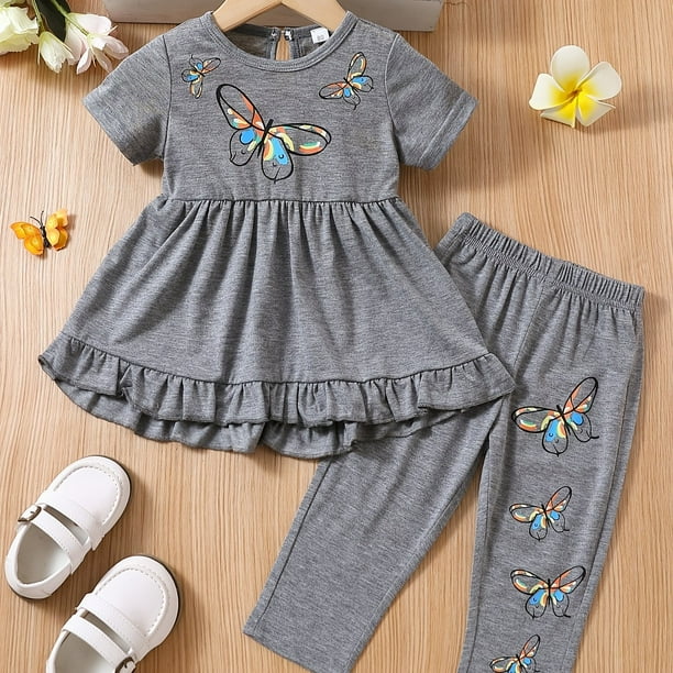 2pcs Baby Newborn Girls Butterfly Pattern Ruffle Hem T-shirt & Pants Set Clothes