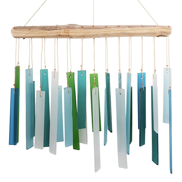 Campanilla de viento decorativa de vidrio marino azul y madera a la deriva