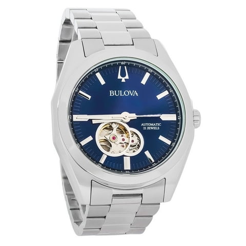 Bulova - Reloj Classic Surveyor Automático Esqueleto Esfera Azul Open Heart Acero Inoxidable 96A275 Para Hombre