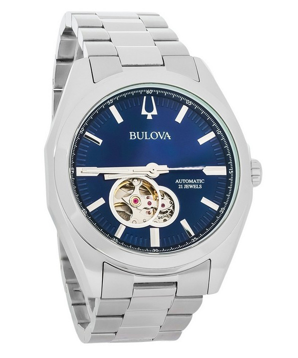 Bulova - Reloj Classic Surveyor Automático Esqueleto Esfera Azul Open Heart Acero Inoxidable 96A275 Para Hombre