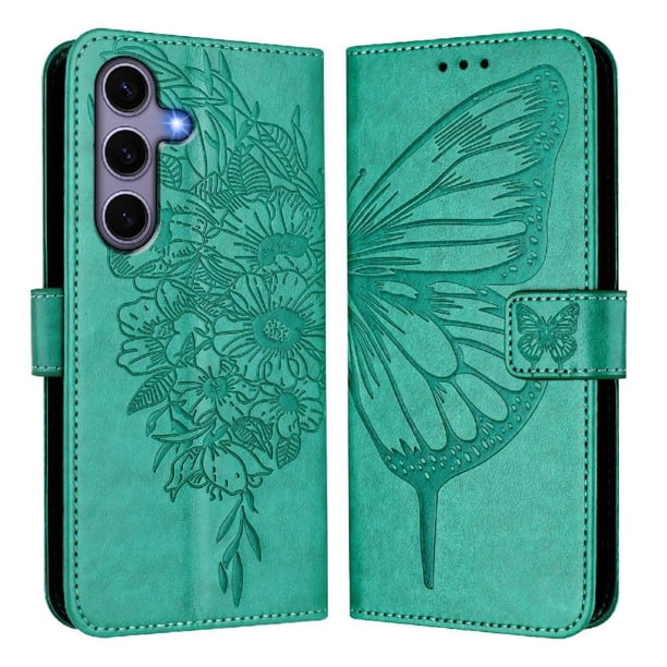 Funda cartera mariposa para Samsung Galaxy S25 con soporte y ranuras para tarjetas Verde