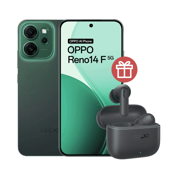 Smartphone OPPO Reno14 F Verde + Audífonos Enco Buds3 Pro Negro Pack