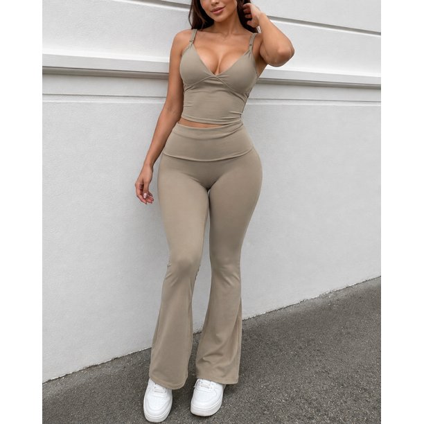 Set Deportivo Mujer Crop Top Escote V Y Calza Acampanada Foldover