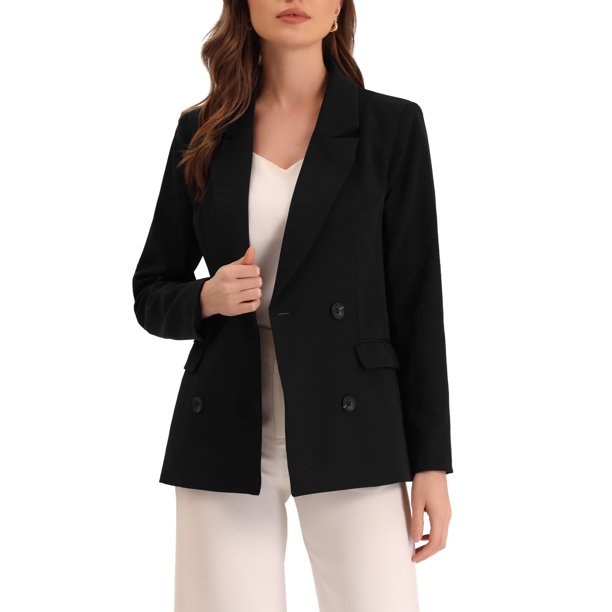 INSPIRE CHIC Chaqueta Vintage de Cuadros para Mujer, Doble Botonadura, Solapa con Muesca, Hombros Acolchados XS Negro-Sólido