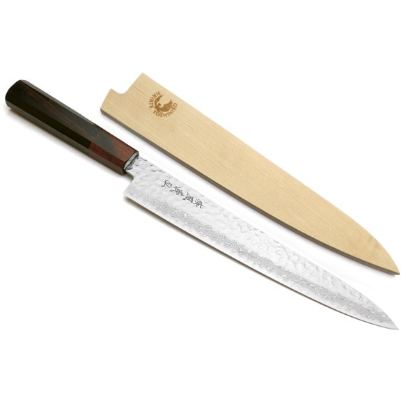 Cuchillo Yoshihiro VG10 Sujihiki 240 mm Damasco con Mango de Palo de Rosa