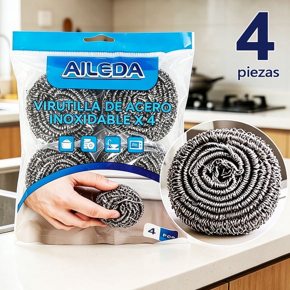 Virutilla de acero para ollas Aileda 4 unidades, esponja metálica para cocina, parrilla y utensilios resistentes