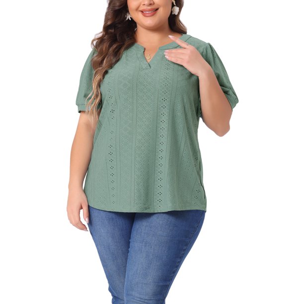 Agnes Orinda Blusas de Verano para Mujer de Talla Grande con Cuello en V, Mangas Cortas y Diseño Hueco 3X Verde