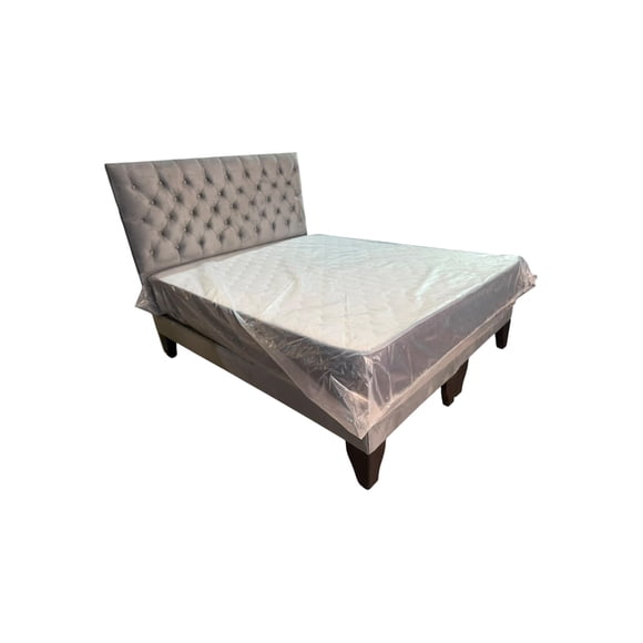 Cama 2 Plazas Gris Europea Incluye Base + Respaldo + Colchon Semi ortopedico