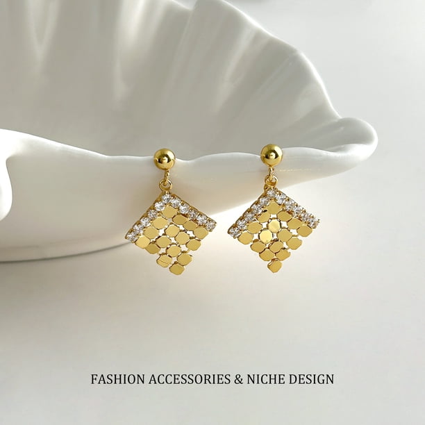 Diamond Shape CZ Geometric Metal Stud Earrings for Women, Light Luxury Elegant Jewelry
