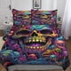 thumbnail image 1 of Funda nórdica con estampado 3D de calavera y flores, juego de ropa de cama con fundas de almohada y cierre de cremallera, hipoalergénico, de microfibra suave, con estampado de esqueleto malv, 1 of 3